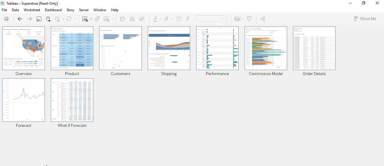 I want to see all sheets and dashboards at once in my Tableau workbook